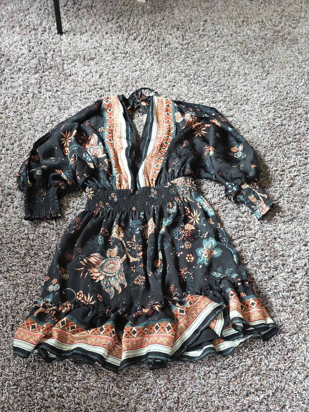 lovestitch Black Floral Boho Smocked Waist Dress